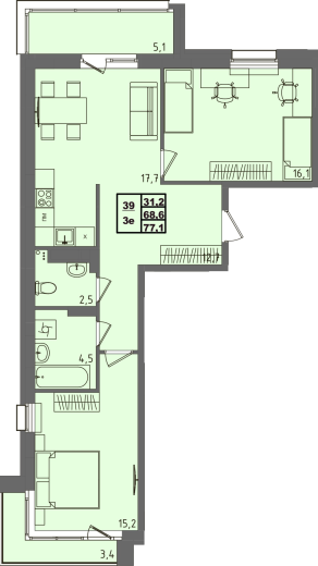 купить квартиру 2 комнаты, 77.1 кв.м. №39 в петрозаводске