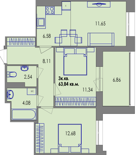 купить квартиру 3 комнаты, 63.5 кв.м. №112 в петрозаводске