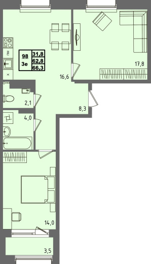купить квартиру 2 комнаты, 66.3 кв.м. №98 в петрозаводске