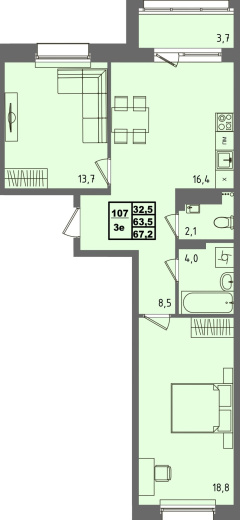 купить квартиру 2 комнаты, 67.2 кв.м. №107 в петрозаводске