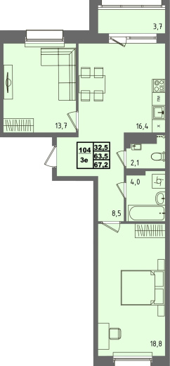 купить квартиру 2 комнаты, 67.2 кв.м. №104 в петрозаводске